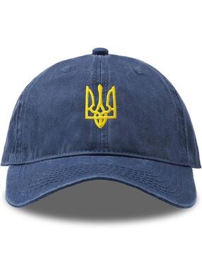 Navy Blue Embroidered Ukraine Hat Washed Cotton Denim Baseball Cap